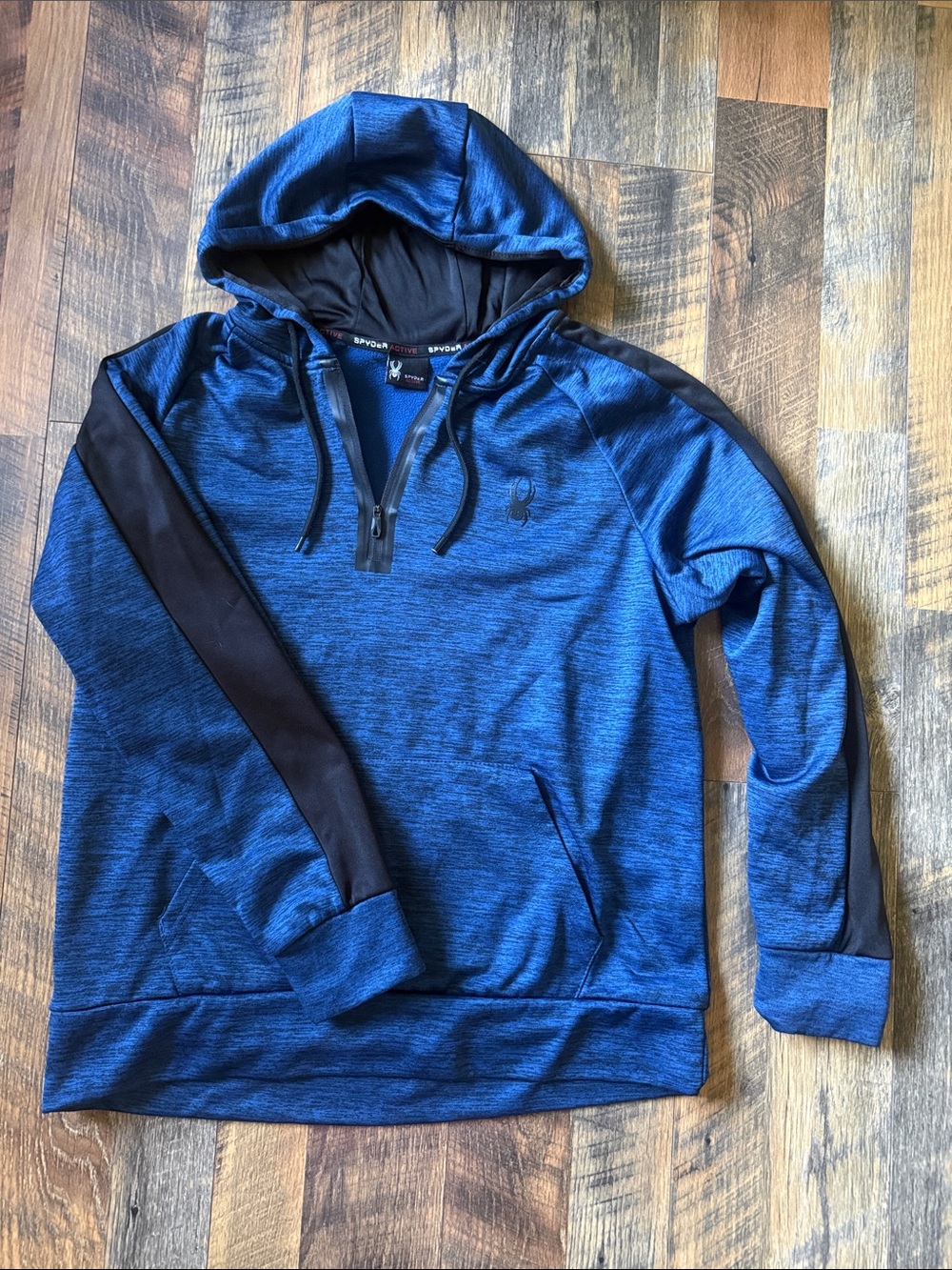 Spyder Men's Blue Hooded Quarter-Zip Pullover with Black Stripes